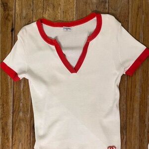 CHANEL Cream Top with Red Trim